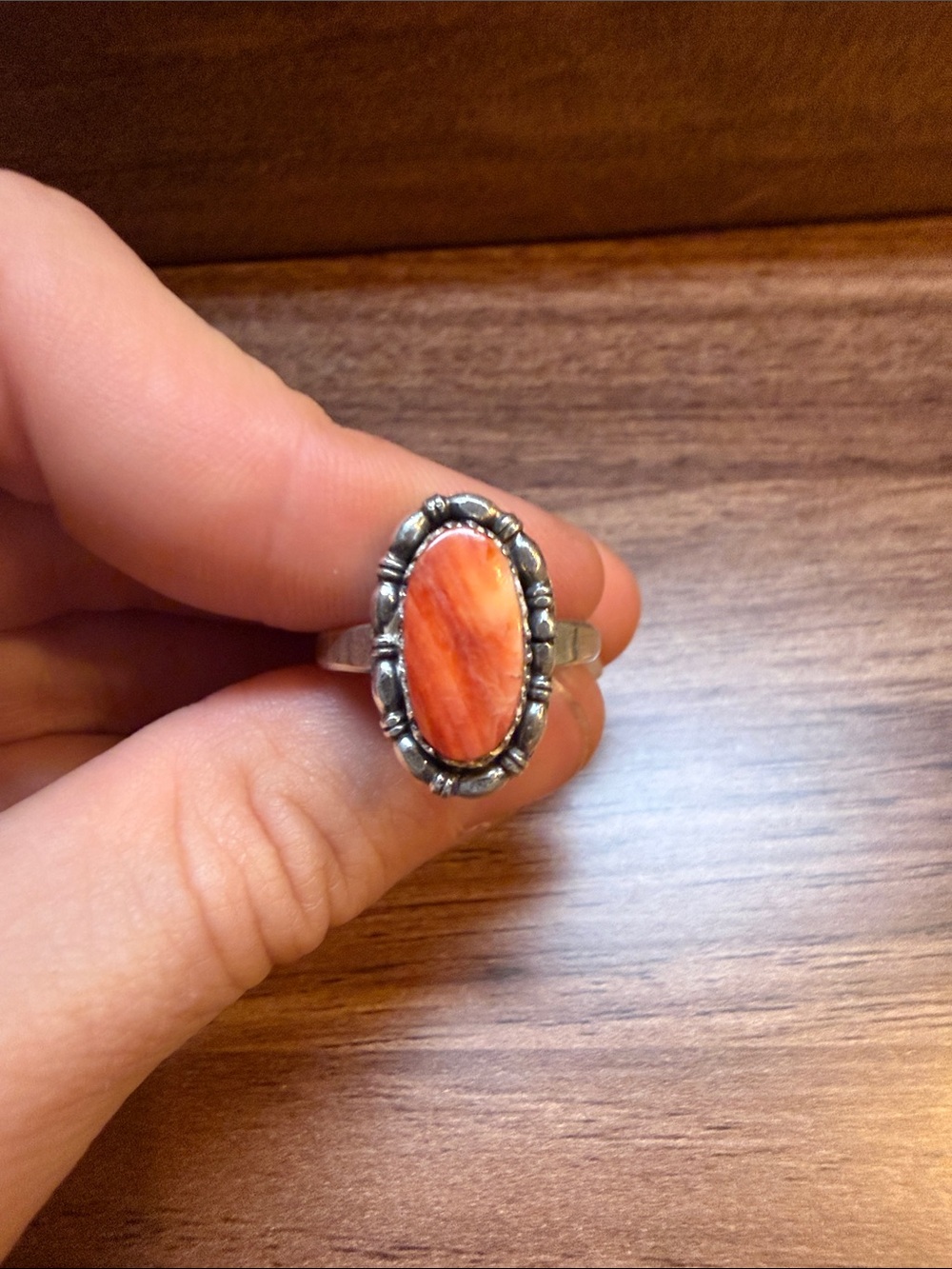 Sterling Silver Coral Oval Statement Ring - Orange